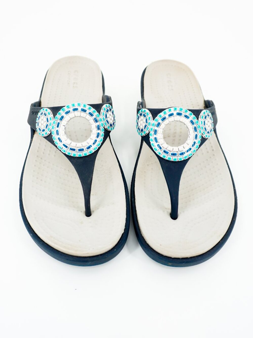 Crocs Sanrah Diamante Wedge Sandal Flip Flop Women's Size 8 Navy Blue Gray